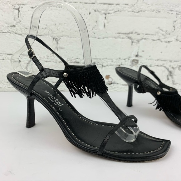 Vintage Gunmetal Italy Black Leather Slingback Fringe Tassel Sandal Heels 8.5B - Picture 1 of 10